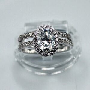 Silver Oval Cut Halo Moissanite Engagement Ring Set Anniversary Gift Size 8